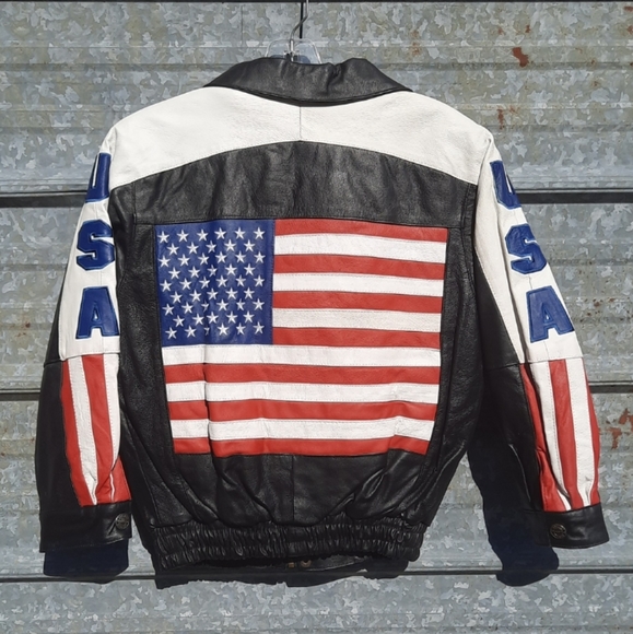 VINTAGE 90's USA Flag Leather Motorbike Jacket (unisex) - Picture 3 of 17